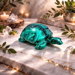 Tortuga de cristal de malaquita tallada a mano (13,2 cm) / Tortuga de piedra pulida tallada a mano / Decoración para protección, conexión a tierra y abundancia
