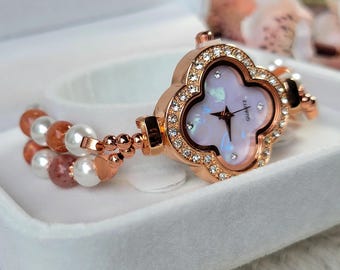 Pink Crystal Four-clover Leaf Rose Gold Bracelet Ladies  display picture 1