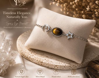 Tiger’s Eye Moon and Star Bracelet – Silver Plated Oval Gemstone Jewelry with CZ Accents