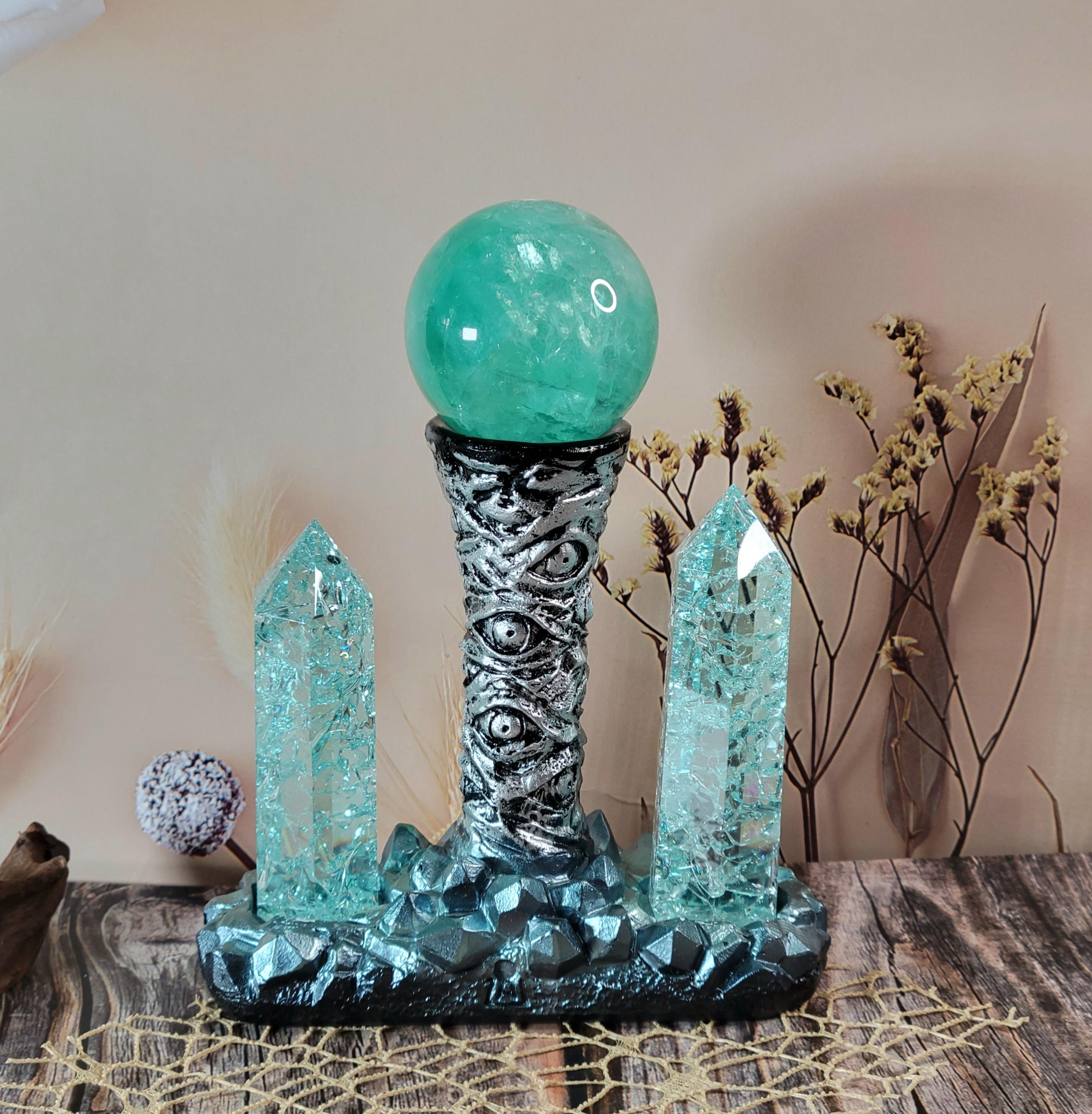 Gorgeous Teal Crystal Set/ Rainbow Flash Fluorite Sphere/ Clear Crackle Quartz Crystal Tower/ Eagle Eye Sphere and Tower Holder