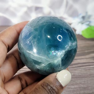 Blue Fluorite Crystal Sphere/ Rainbow Flashy Blue Green Fluorite/ Fluorite Crystal Sphere/ 51mm