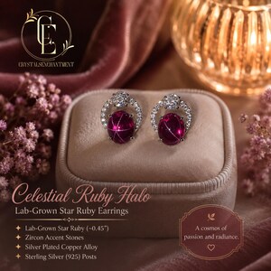 Star Ruby Earrings | Celestial Ruby Halo Studs | Sterling Silver Posts | Zircon Accent Earrings | Ruby Gemstone Jewelry