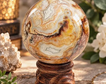 May include: A polished spherical stone featuring intricate, swirling bands of cream, tan, golden yellow, and dark brown colors. The sphere rests securely on a carved, dark brown wooden stand with a textured, natural finish and curved base.