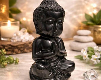 Black Obsidian Buddha Crystal Statue – 4.3" | Hand-Carved Polished Meditation Figurine | Protection & Grounding Décor