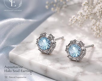 Aquamarin Feuerwerk Schliff Ohrstecker | Funkelnde Aquamarin Ohrringe | März Geburtsstein Schmuck | Elegantes Blaues Edelstein Geschenk für Sie