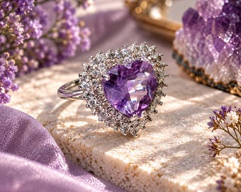 Puede incluir: Un anillo de tono plateado con una gran piedra preciosa morada en forma de corazón en el centro, rodeada por un halo de numerosas piedras pequeñas, claras y brillantes engastadas en un marco metálico. El anillo tiene una banda fina y pulida.
