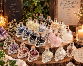 Glass Skull Wish Bottle: Crystal Chip Filled Novelty Decor