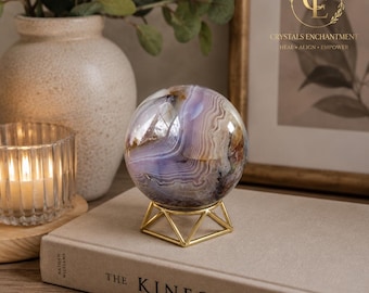 Esfera de ágata dendrítica azul y rosa: Cristal de coleccionista raro (58 mm)