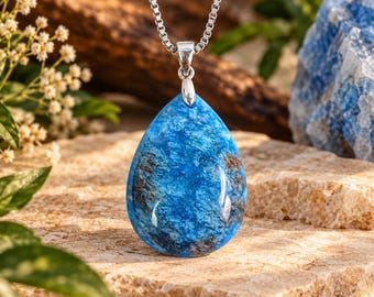 Blue Apatite Teardrop Pendant Necklace, 18" Stainless Steel Chain, Natural Stone Jewelry