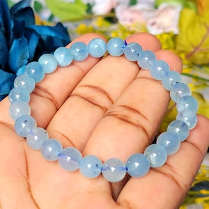 Aquamarine Crystal Bead Bracelet – 7.5mm Beads/ Soothing, Calming & Elegant