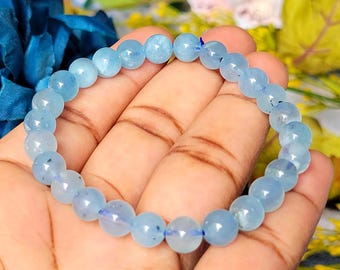 Aquamarine Crystal Bead Bracelet – 7.5mm Beads/ Soothing, Calming & Elegant