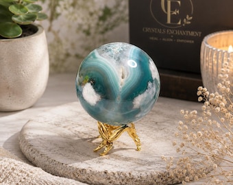 Esfera de ágata flor azul verdosa: cristal raro con vetas de encaje (67 mm)