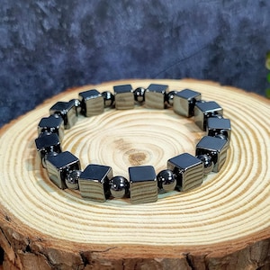 Natural Hematite Cube Bracelet with Round Bead Spacers