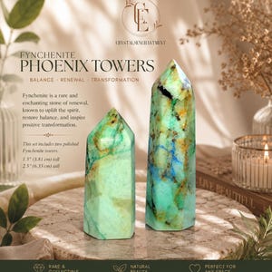 Fynchenite Phoenix Chrysocolla Crystal 2pcs Tower Set – Rare Blue Vein Healing Stones 1.5" & 2.5" image 1