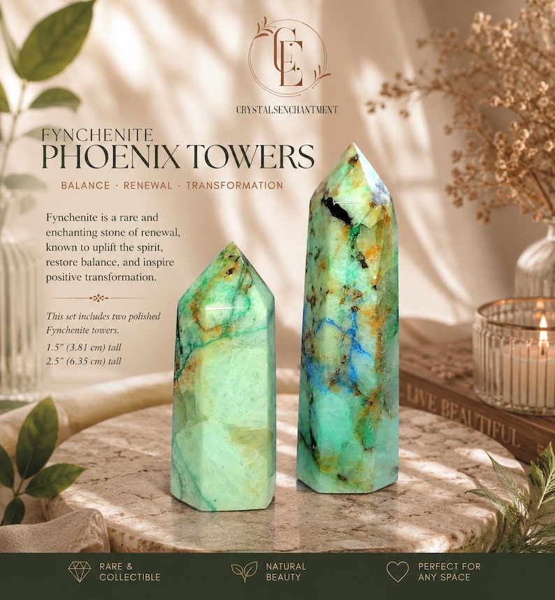 Fynchenite Phoenix Chrysocolla Crystal 2pcs Tower Set – Rare Blue Vein Healing Stones 1.5" & 2.5" image 1