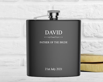 Personalised engraved FATHER of the BRIDE hip flask gift idea, black coated stainless steel presentation box