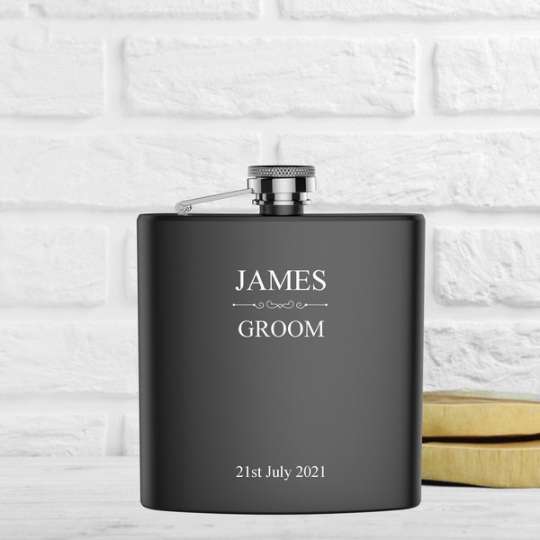 Personalised engraved GROOM hip flask gift idea, black coated stainless steel presentation box