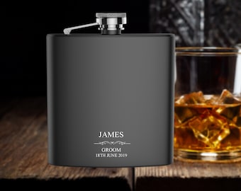 Personalised engraved GROOM hip flask gift idea, black coated stainless steel presentation box