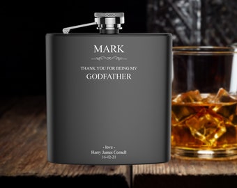 Personalised Engraved Godfather hip flask gift idea, black coated stainless steel presentation box