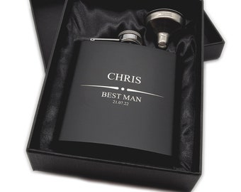 Personalised engraved WEDDING GIFT hip flask gift idea, black coated stainless steel presentation box