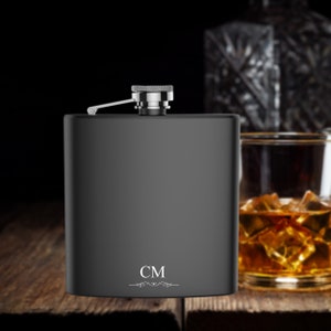 Personalised engraved INITIALS hip flask gift idea, black coated stainless steel presentation box