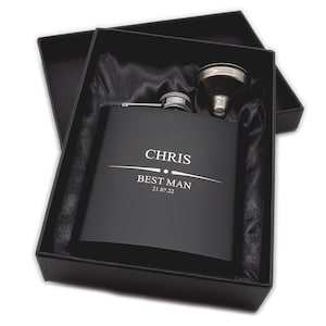 Personalised engraved WEDDING GIFT hip flask gift idea, black coated stainless steel presentation box