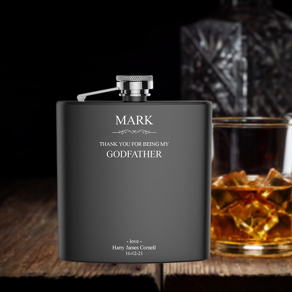 Personalised Engraved Godfather hip flask gift idea, black coated stainless steel presentation box