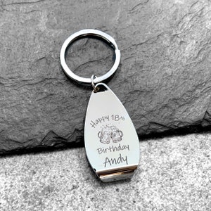 Personalised engraved Happy Birthday bottle opener keyring gift, personalized metal keychain