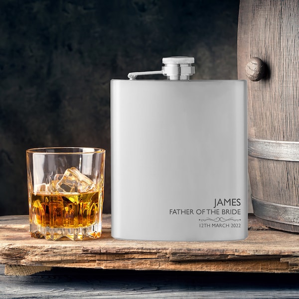 Personalised engraved FATHER of the BRIDE hip flask gift idea, stainless steel with presentation box