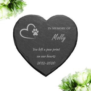 Personalised memorial heart shape plaque for pet cat dog slate natural stone frame paw grave marker