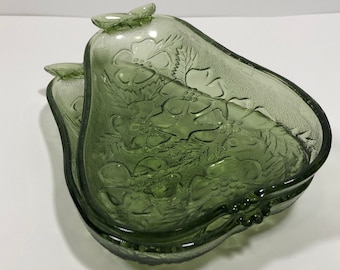 Vintage Hazel Atlas Green Glass Pear Dish with Embossed Floral Dogwood Back