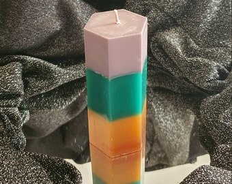 Handmade, hexagonal cylinder candle in different colour variants