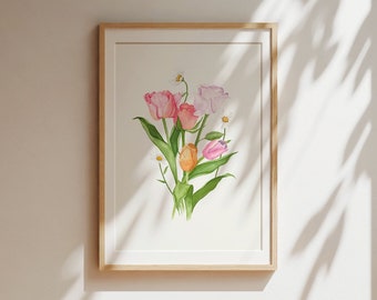 Dipinto ad acquerello di fiori, stampa artistica, decorazione murale, stampa artistica, poster rosa e verde, immagine di tulipani e rose, A4