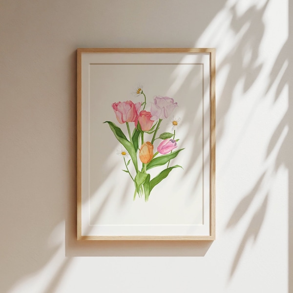 Blumen Aquarellbild, Kunstdruck, Wanddeko, Fine Art Print, Poster rosa & grün, Tulpen und Rosen Bild, A4