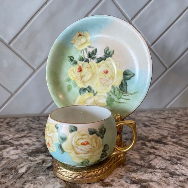 Antique handpainted tea coffee and saucer yellow roses artist signed Leona 1920s MINT