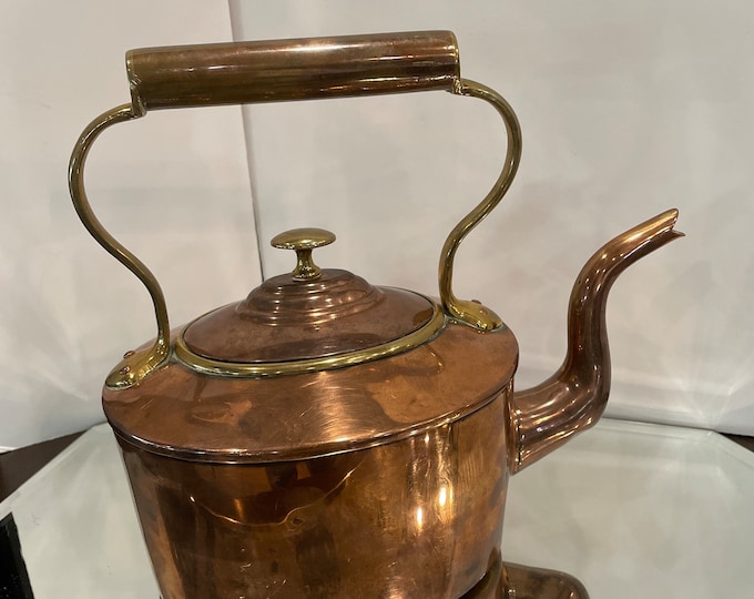 Antique English Copper Tea Kettle 1850s, Copper and Brass Tea Kettle