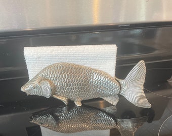 Vintage metal ?pewter Koi fish napkin holder, letter holder Modello Depositato Italy, mid century dining, metal placeholder Koi fish