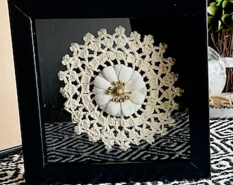 Antique doily framed, vintage wall art, elegant sewing,