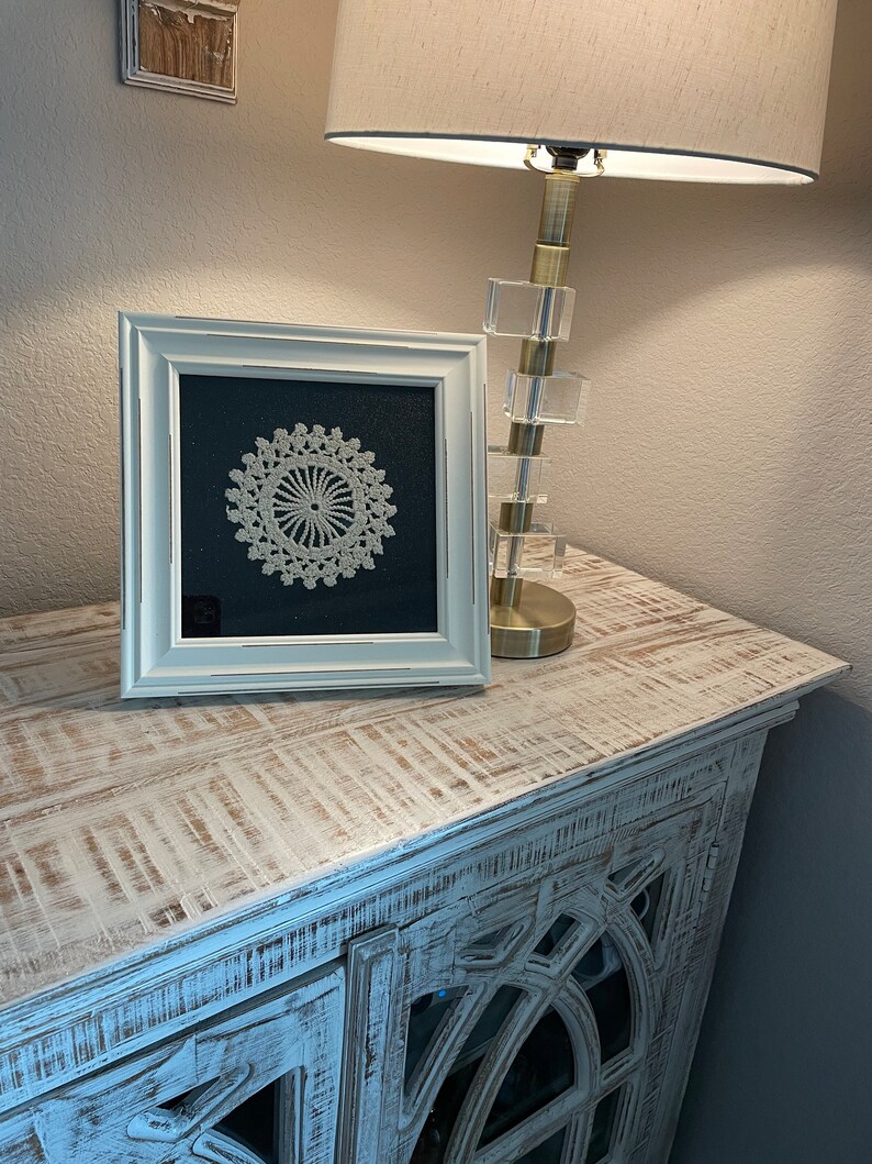 Antique crocheted doily framed, crocheted wall art, handmade 100 years old piece work, repurposed modern farmhouse decor, made in USA image 2