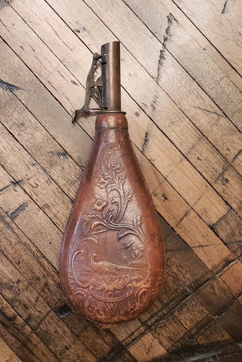 Antique Civil War Leather Powder Flask Shot Flask Mid 1800s
