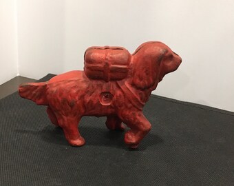 Antique Cast Iron St Bernard pack dog red bank, red iron penny bank great condition, c. 1900 original iron bank
