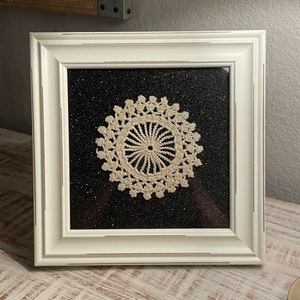 Antique crocheted doily framed, crocheted wall art, handmade 100 years old piece work, repurposed modern farmhouse decor, made in USA image 1