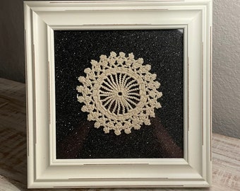 Antique crocheted doily framed, crocheted wall art, handmade 100 years old piece work, repurposed modern farmhouse decor, made in USA