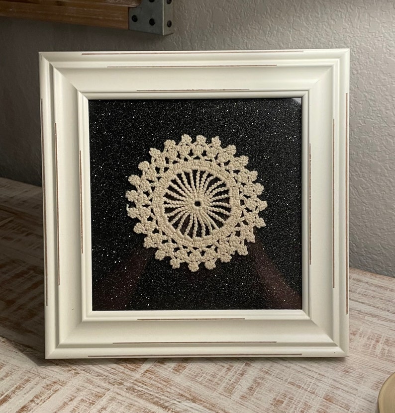 Antique crocheted doily framed, crocheted wall art, handmade 100 years old piece work, repurposed modern farmhouse decor, made in USA image 1