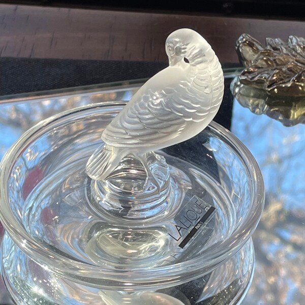 Lalique bird ring dish paperweight original sticker and signed, French Lalique frosted to clear with bird, wedding, valentine gift