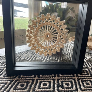 Antique crocheted doily framed for wall art or desktop, modern framed antique craft, modern farmhouse decor, unique wedding gift, USA image 1