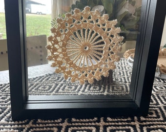 Antique crocheted doily framed for wall art or desktop, modern framed antique craft, modern farmhouse decor, unique wedding gift, USA