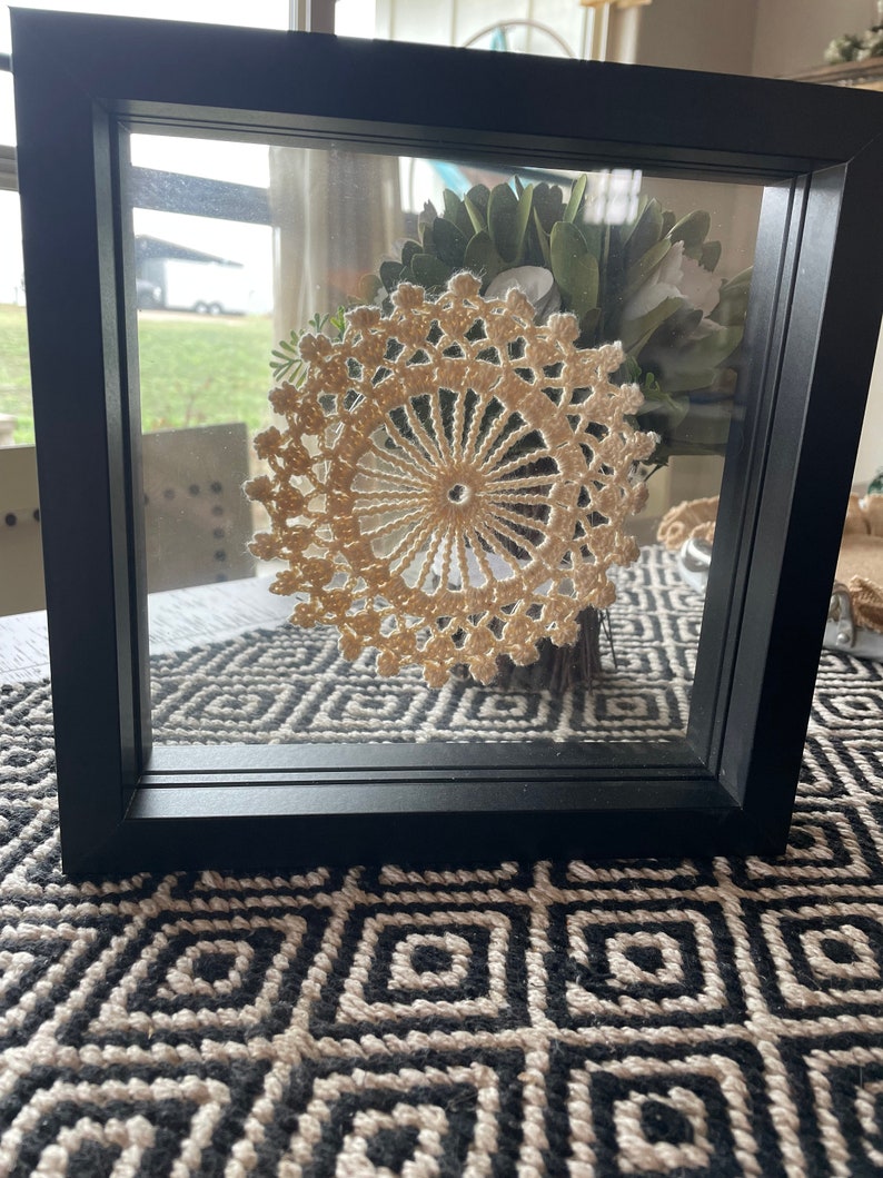 Antique crocheted doily framed for wall art or desktop, modern framed antique craft, modern farmhouse decor, unique wedding gift, USA image 1