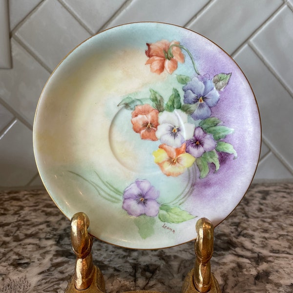 Antique tea saucer 6” handpainted peach purple yellow saucer ONLY No cup gold gilt edge LOVELY