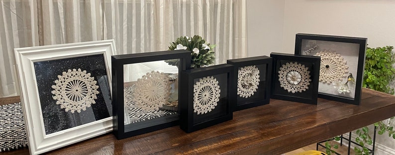 Antique crocheted doily framed, crocheted wall art, handmade 100 years old piece work, repurposed modern farmhouse decor, made in USA image 5